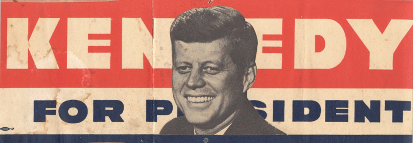 1960 red and blue bumper sticker with President Kennedy's face and the words "Kennedy for President" 
